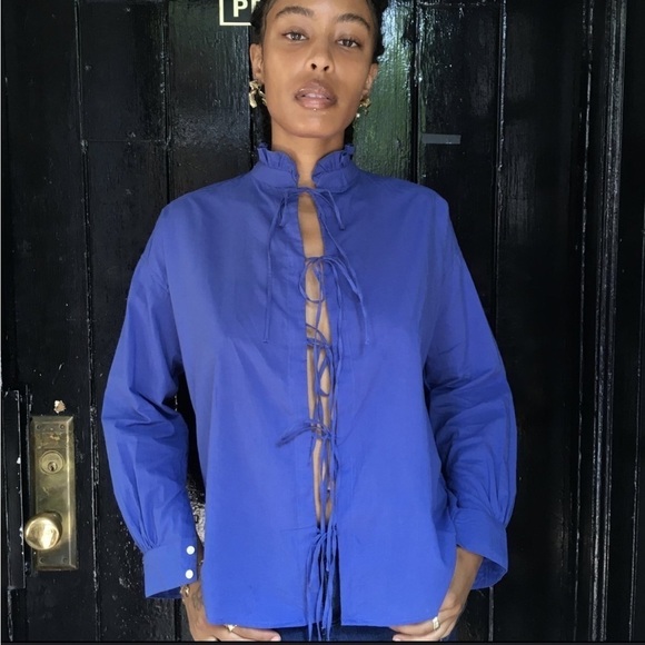 Alix of Bohemia Front Tie Ruffle neck Blouse in Blue - Picture 1 of 5